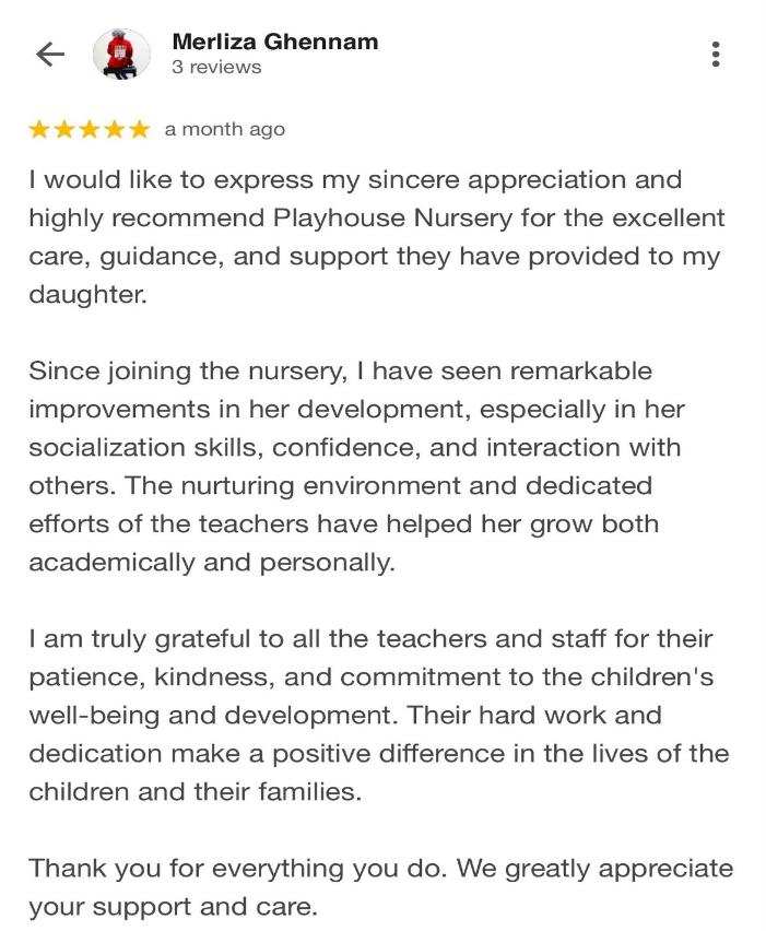 Google review for Playhouse Nursery 2